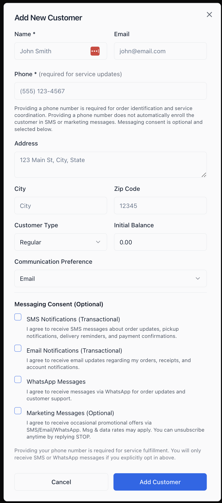 Add New Customer form showing SMS consent checkboxes